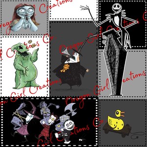 Könnte beinhalten: Ein Stoffmuster mit Charakteren aus Nightmare Before Christmas, darunter Sally, Jack Skellington auf einem Sarg, Oogie Boogie, der Bürgermeister, Lock, Shock, Barrel und ein gelbes Entenspielzeug, angeordnet in einem Raster mit gestrichelten Rändern.
