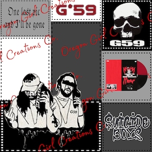 May include: A collage featuring the text One last pic and I'll be gone, the G*59 logo, a skull graphic, a vinyl record cover titled I Want to Die in New Orleans, a black and white illustration of two figures, and the text Suicideboys.