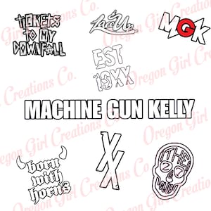 May include: A selection of black and white graphic designs with text and symbols. The designs include the words "Tickets to My Downfall," "Lace Up," "MGK," "EST 19XX," "Machine Gun Kelly," "Born With Horns," a double X symbol, and a skull with "The 27 Club."