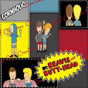 May include: A fabric panel featuring Beavis and Butt-Head characters in various poses, including one with a shirt pulled over their head labeled CORNHOLIO. The design includes a yellow starburst with the MTV BEAVIS AND BUTT-HEAD logo in red text.