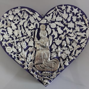 Purple Milagro Wooden Heart with Silver Milagro Charms