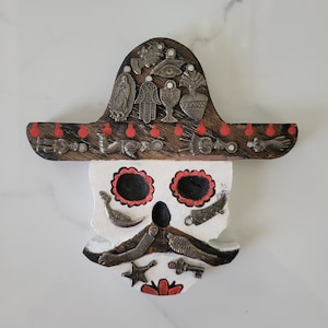 Wooden Day of the Dead Skull with Milagros - Ex-Voto