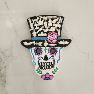 Custom Wooden Sugar Skull, Hand Painted with Silver Milagros