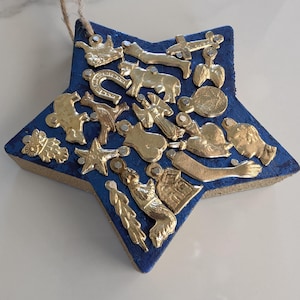 Wooden Blue Star with Milagros| Gold Milagros| Good Fortune Gift| Hanging