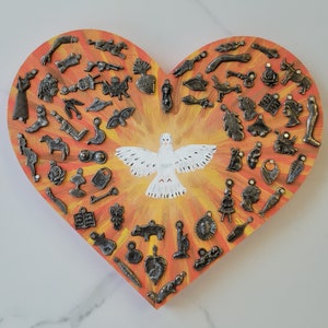 Ex-voto Wooden Heart &quot;Corazon&quot; with Painted Sunset & White Dove - Authentic Milagros Charms from Mexico
