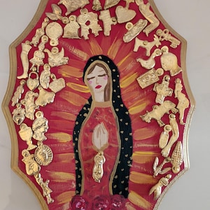 Ex-Voto Milagro with Painted Virgin Guadalupe on Wood Plaque with Authentic Gold Milagros from Mexico