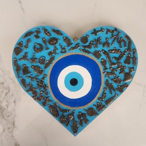 Wooden Evil Eye Heart with Gunmetal Milagros