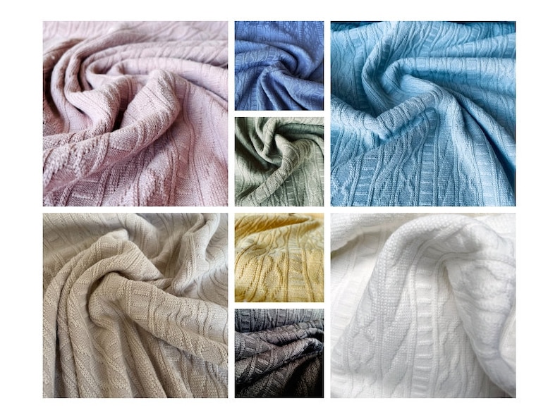 May include: A collection of nine close-up images of textured blankets in different colours. The colours include lavender, blue, light blue, green, beige, yellow, white, grey, and dark grey. The blankets have a woven pattern.