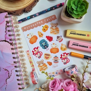 Crossing Fall Stickers - Stickers vinyles automne - Stickers automne - Stickers mignons et douillets | Feuille d'autocollants - Pack d'autocollants - Stickers découpés