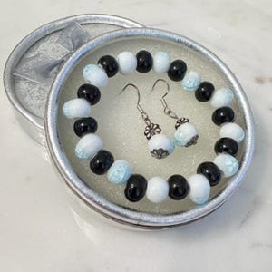 Handcrafted Ceramic Bracelet and Earring Set - Elegant Black, White, and Blue Beaded Jewelry