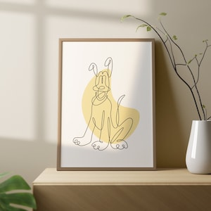 Puede incluir: Un dibujo de línea de un perro sentado sobre un fondo amarillo. El perro está dibujado en un estilo simple y minimalista.