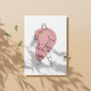 May include: A minimalist line art print of a superhero figure. The artwork features a black outline on a white background, with a pink shape behind the figure. The superhero has a yellow emblem on the chest. The print is on a white rectangular canvas.