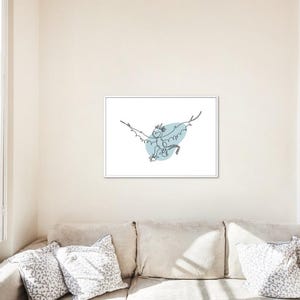 May include: A framed print featuring a minimalist line drawing of a dragon in flight. The dragon is depicted in a single continuous line, with a light blue background. The artwork is displayed on a white background.