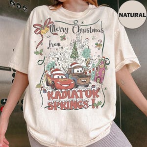 Disney Pixar Cars Christmas Merry Christmas from Radiator Springs Shirt, Lightning McQueen And Tow Mater Christmas Tee, Disneyland Trip image 1