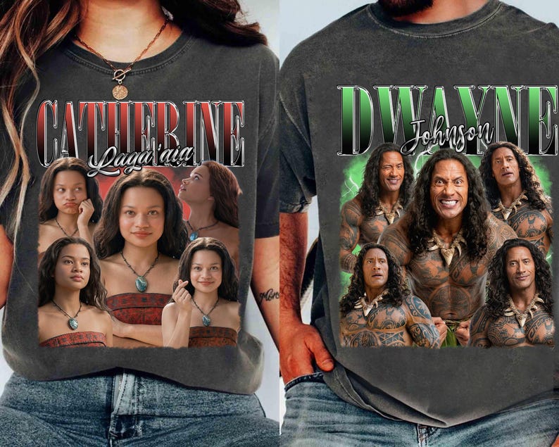 May include: Two dark gray t-shirts. One features the name "Catherine Laga'aia" in a red and white font, with multiple images of a woman. The other shirt displays "Dwayne Johnson" in a green and white font, with multiple images of the actor.