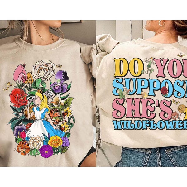 Camiseta Disney Retro Groovy Alicia en el País de las Maravillas ¿Supones que es una flor silvestre? de doble cara, Magic Kingdom, camiseta familiar a juego de Disneyland