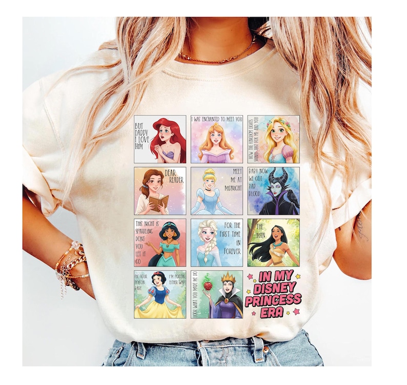 Koszulka z tekstem piosenki Disney In My Princess Era, koszulka z księżniczkami Disneya, Bellą, Arielką, Roszpunką, Aurorą, Kopciuszkiem, koszulka Disneyland Girls' Trip zdjęcie 1