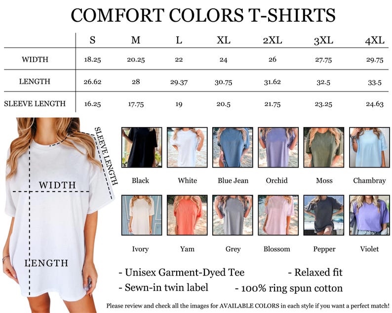 The image is a detailed size chart for comfort t-shirts, including measurements for width, length, sleeve length, and sleeve style. It also displays a variety of different colored t-shirts, each with a corresponding size and style. The chart provides a visual guide for selecting the appropriate size and style of t-shirt based on the individual's measurements.