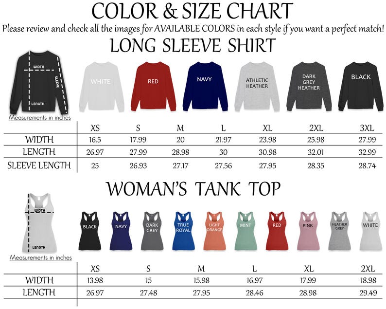 The image is a color and size chart for a long sleeve shirt, including various styles and colors available in different sizes.