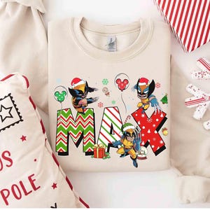 Personalized Marvel Custom Name Christmas Shirt, Spider-man Spider Gwen Iron Man Wolverine Hulk Custom Girl Boy Name Kids Tee, Xmas Balloon image 4