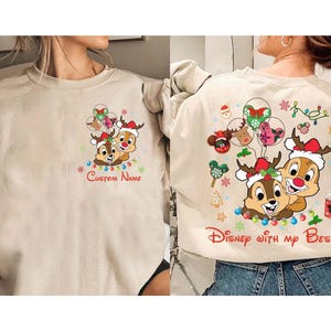 Personalized Disney Chip N Dale Disney with My Bestie Christmas Shirt, Double Trouble Christmas Lights Tee, Chipmunks Xmas Balloon Shirt