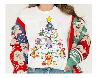 Maglietta Disney Winnie the Pooh con albero di Natale, Maglietta con luci di Natale di Pooh, Tigro, Ih-Oh e Pimpi, Il Buon Natale di Topolino, Maglietta di Natale di Disneyland