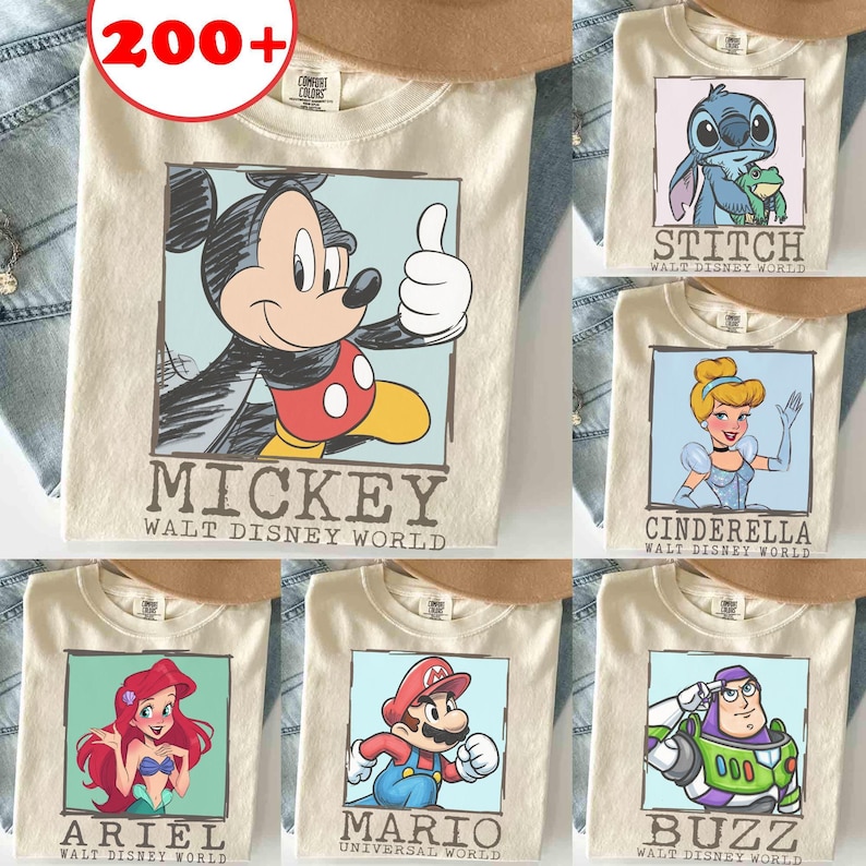 Camiseta de dibujos animados con todos los personajes de Walt Disney World, camiseta de dibujos animados de Mickey y sus amigos de Toy Story, princesa, Chip y Dale, camiseta con boceto de Disney imagen 1