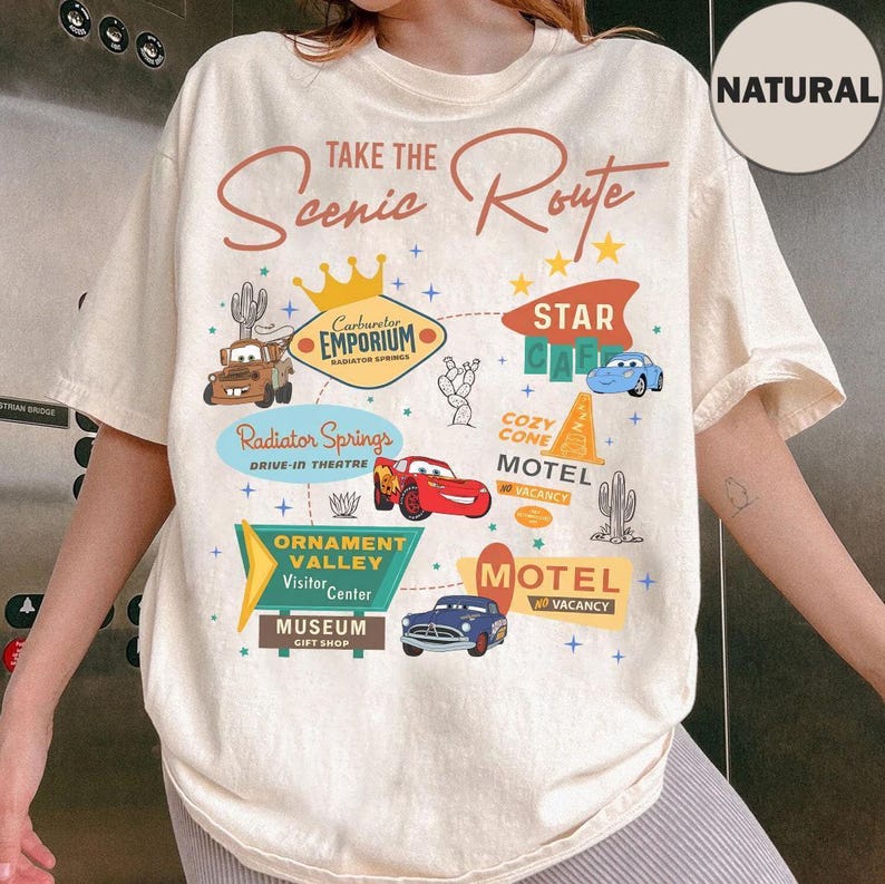 Disney Pixar Cars Lightning Mcqueen Shirt, Take The Scenic Route Tee, Tow Mater Carburetor Emporium Radiator Springs shirt, Ornament Valley image 1