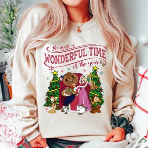 Disney Beauty and The Beast Christmas Lights Most Wonderful Time Xmas Tree Shirt, Beast Belle Lumiere Mrs Potts and Chip Christmas Shirt