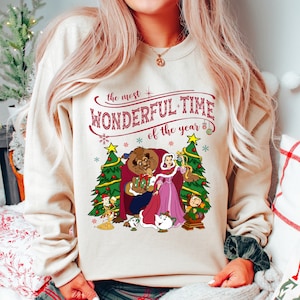 Disney Beauty and The Beast Christmas Lights Most Wonderful Time Xmas Tree Shirt, Beast Belle Lumiere Mrs Potts and Chip Christmas Shirt