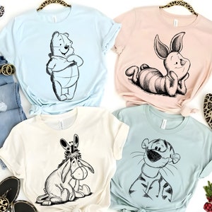 Retro Disney Winnie de Pooh schets portret shirt, Pooh Tigger Iejoor Knorretje schets shirt, Disneyland bijpassende familie shirt, Magic Kingdom