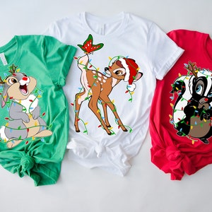 Disney Bambi Thumper and Flower Christmas Lights Shirt, Santa Bambi Friends Group Matching Shirt, Disneyland Christmas Family Matching Tee