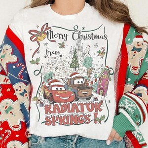 Disney Pixar Cars Christmas Merry Christmas from Radiator Springs Shirt, Lightning McQueen And Tow Mater Christmas Tee, Disneyland Trip image 3