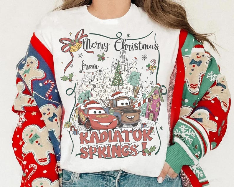 Disney Pixar Cars Christmas Merry Christmas from Radiator Springs Shirt, Lightning McQueen And Tow Mater Christmas Tee, Disneyland Trip image 3