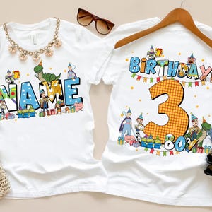 Camiseta de cumpleaños de Toy Story personalizada de doble cara, camiseta de cumpleaños de Toy Story con nombre personalizado para niño o niña, camiseta de cumpleaños de Buzz, Woody, Jessie y Bo Peep imagen 1