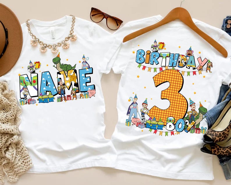 Camiseta de cumpleaños de Toy Story personalizada de doble cara, camiseta de cumpleaños de Toy Story con nombre personalizado para niño o niña, camiseta de cumpleaños de Buzz, Woody, Jessie y Bo Peep imagen 1
