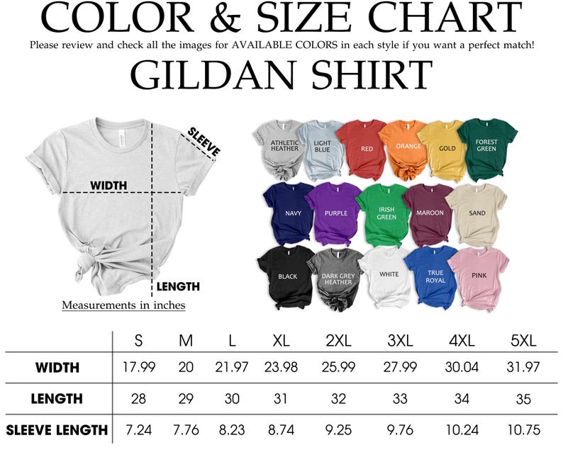 The image is a color and size chart for a GILDA shirt. It includes a gray t-shirt with measurements and a collage of various colored t-shirts with different sizes.
