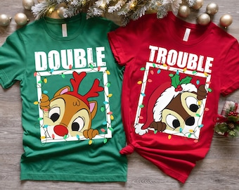 Disney Santa Chip And Dale Christmas Lights Shirt, Double Trouble Christmas Couple Shirt, Rescue Ranger, Disney Xmas Family Matching Shirt