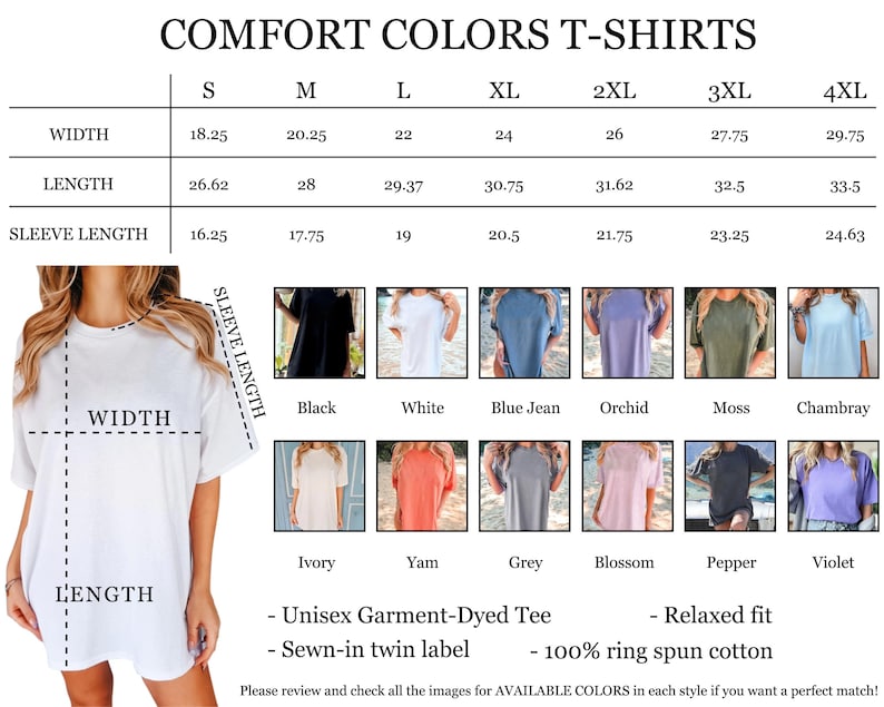 Op de afbeelding: Een wit Comfort Colors t-shirt met maat- en kleuropties. De afbeelding toont de afmetingen voor breedte, lengte en mouwlengte in centimeters. Beschikbare kleuren zijn zwart, wit, blue jean, orchidee, mos en chambray.