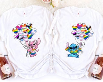 Camiseta Disney Stitch y Angel Pareja Orgullo LGBT 2026 Castillo de Globos, Regalo Disney Familia Arcoíris Orgullo Lesbiana Gay, Camiseta LGBTQ Arcoíris Globos
