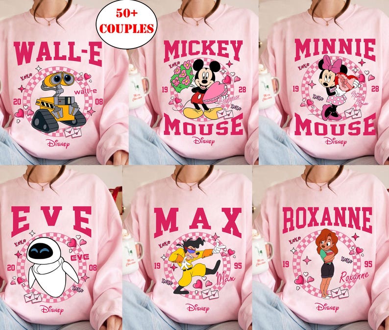Disney Mickey en Minnie Love Hearts Valentine-shirt, Stitch & Angel Valentine-shirts, Max Roxanne-T-shirts voor koppels, bijpassende T-shirts voor Disney-koppels afbeelding 1
