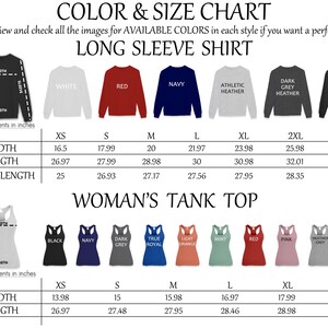 Peut inclure: Un tableau des couleurs et des tailles pour un t-shirt &agrave; manches longues et un d&eacute;bardeur. Le tableau affiche les couleurs disponibles, notamment blanc, rouge, bleu marine, gris chin&eacute;, gris fonc&eacute; chin&eacute;, noir, rose et menthe, avec des mesures en pouces.