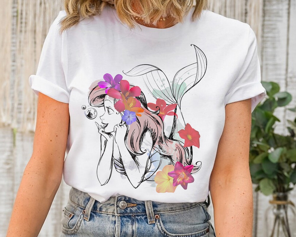 Disney The Little Mermaid Floral Watercolor Outline Shirt, Disneyland Family Matching Shirt, Magic Kingdom Tee, Wdw Epcot Theme Park