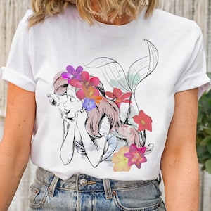 Chemise contour aquarelle florale Disney la petite sirène, chemise assortie pour la famille Disneyland, t-shirt Magic Kingdom, parc à thème WDW Epcot