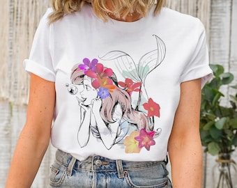Disney The Little Mermaid Floral Watercolor Outline Shirt, Disneyland Family Matching Shirt, Magic Kingdom Tee, WDW Epcot Theme Park
