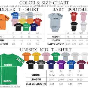The image is a color and size chart that provides measurements and color options for a variety of clothing items, including a toddler t-shirt, a baby bodysuit, and a unisex kid t-shirt. The chart includes details such as widths and sleeve lengths for each item, as well as color options for each style.