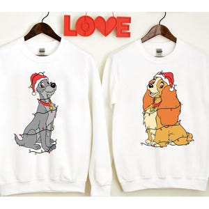 Disney Lady and The Tramp Sketch Portrait Christmas Lights Shirt, Disney Christmas Couple Matching Shirt, Disneyland Matching Family Shirt