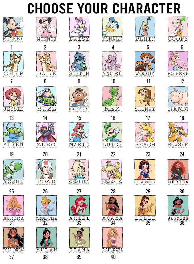 Camiseta de dibujos animados con todos los personajes de Walt Disney World, camiseta de dibujos animados de Mickey y sus amigos de Toy Story, princesa, Chip y Dale, camiseta con boceto de Disney imagen 7