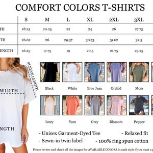 The image is a detailed size chart for comfort t-shirts, including measurements for width, length, sleeve length, and sleeve style. It also displays a variety of different colored t-shirts, each with a corresponding size and style. The chart provides a visual guide for selecting the appropriate size and style of t-shirt based on the individual's measurements.