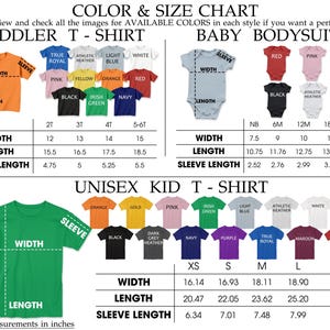 The image is a color and size chart that provides measurements and color options for a variety of clothing items, including a toddler t-shirt, a baby bodysuit, and a unisex kid t-shirt. The chart includes details such as widths and sleeve lengths for each item, as well as color options for each style.